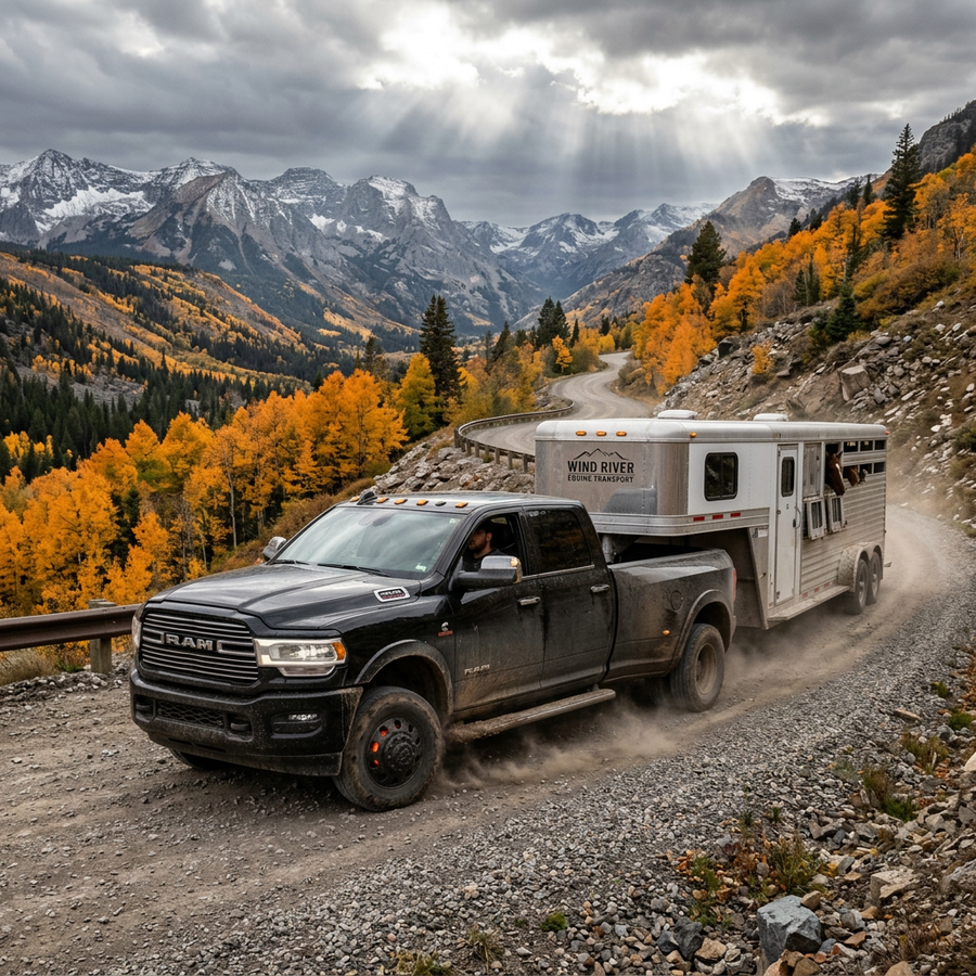 RAM Truck towing a heavy trailer safely down a steep mountain pass in the Wind River range